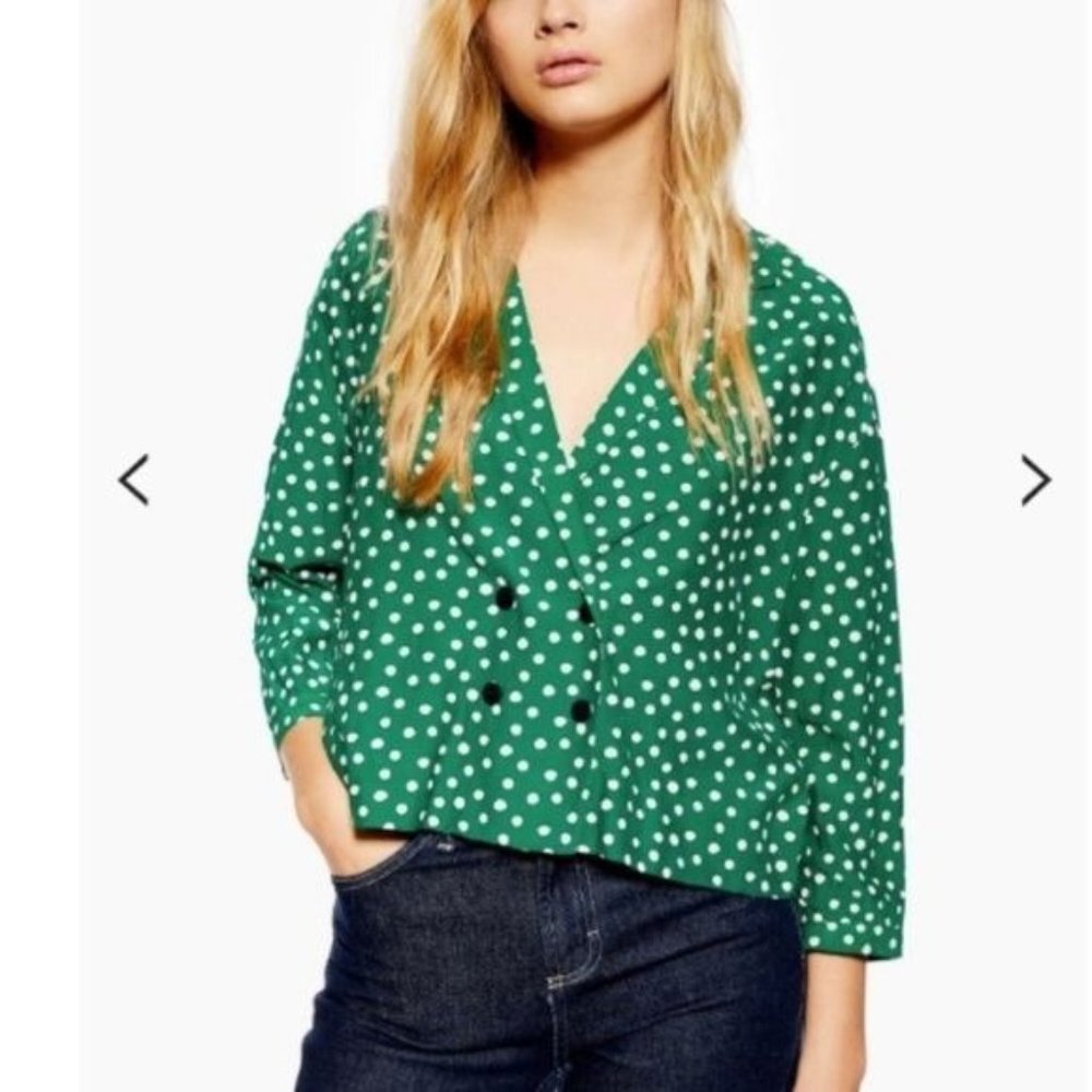 Topshop Blouse‎ Women Size 6 Green with Pink Polka Dots V-Neck 4 Front Buttons